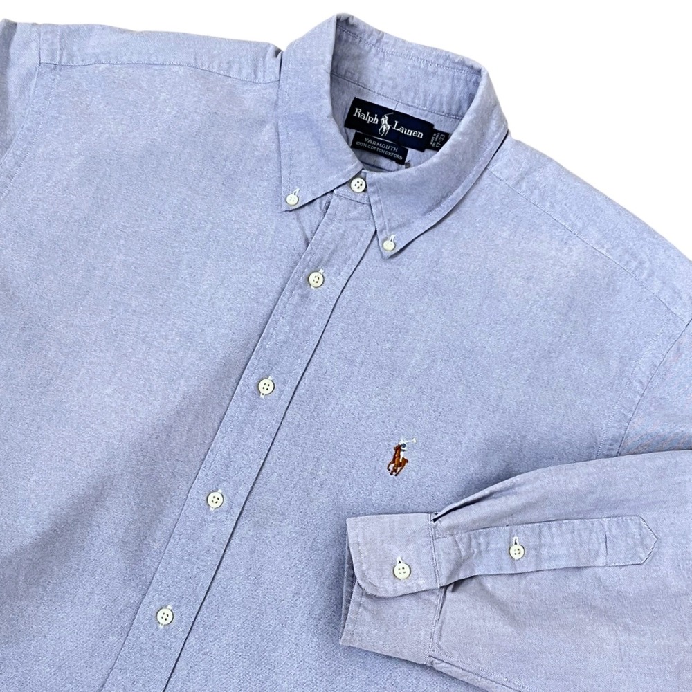 Vintage 90s Ralph Lauren Yarmouth Shirt 17-33 Blue Cotton Oxford Flesh Pony Logo